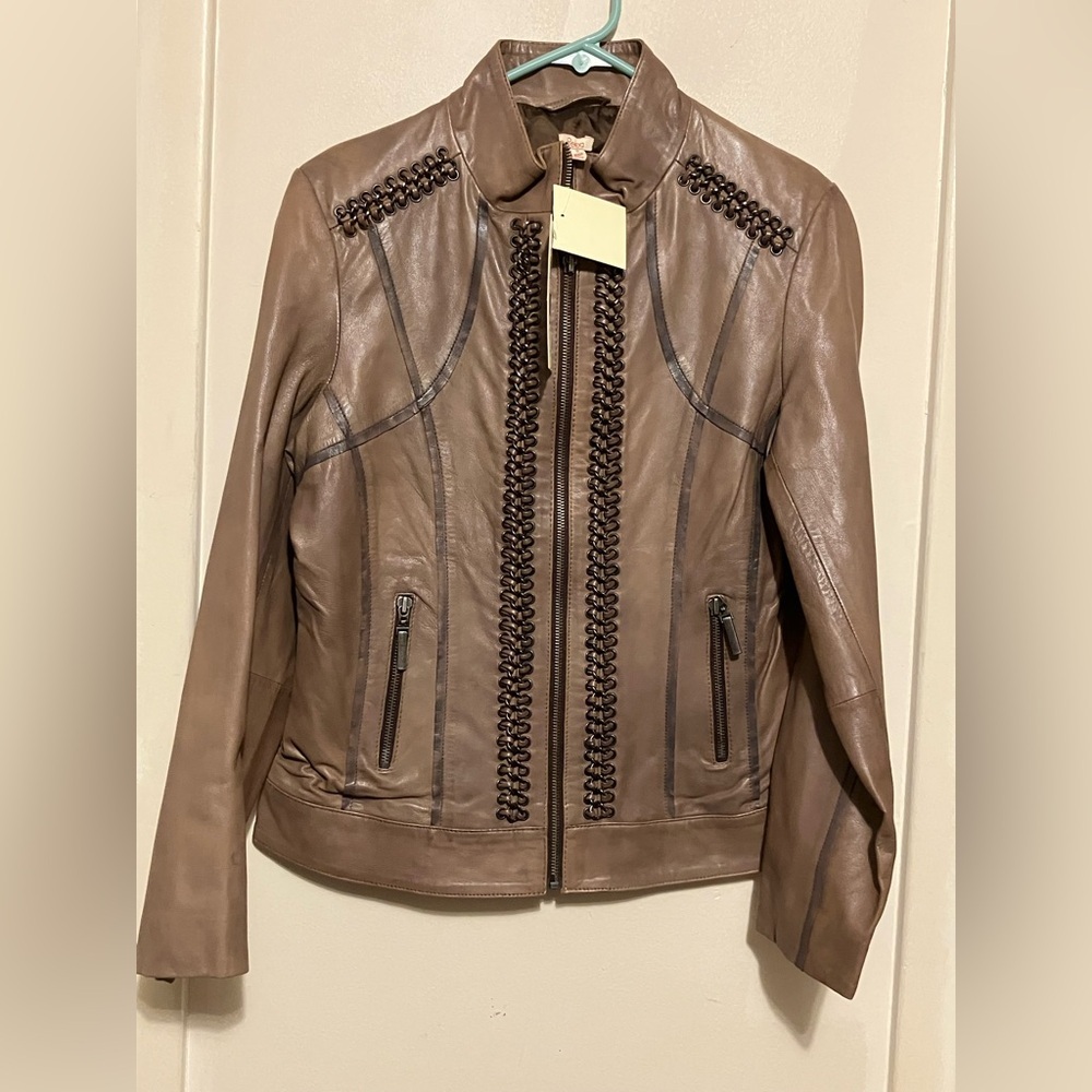 NEW Reba McEntire chain-decorated brown genuine leather jacket S